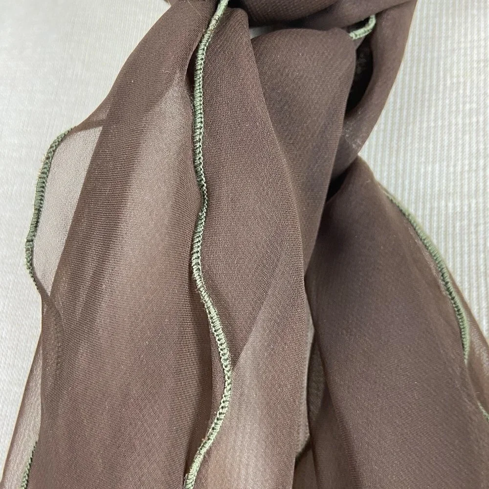 VINTAGE | Long Sheer Brown Scarf w/Green Stitched Edge